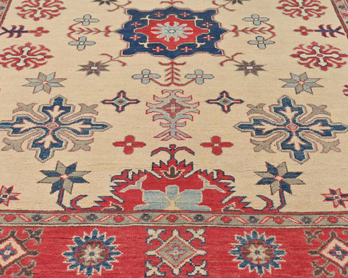 5x7 Beige Kuba Afghan Hand Knotted Wool Area Rug